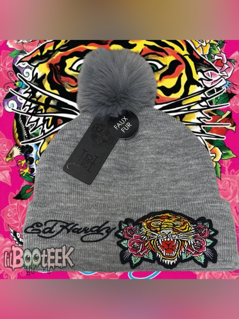Ed Hardy Gray Knit Beanie Embroidered Tiger Roses Logo w Faux Fur Poof NEW Y2K